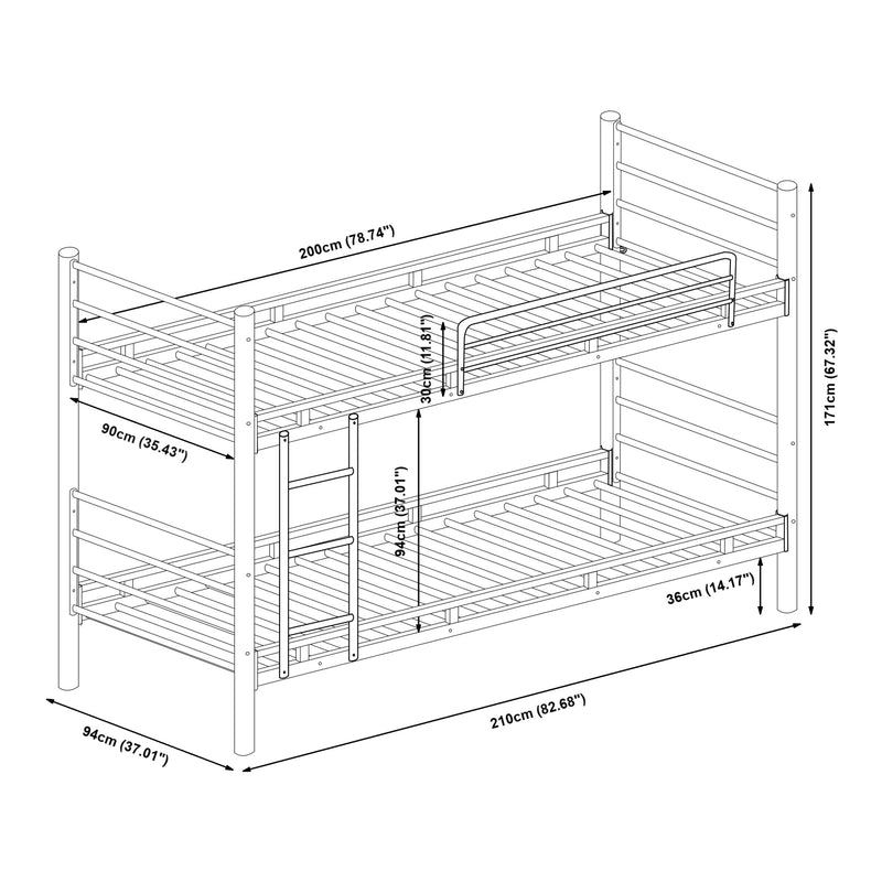 Schiță cotată Pat metalic supraetajat  Bevapis, 200x90 cm 300 kg negru [en.casa]