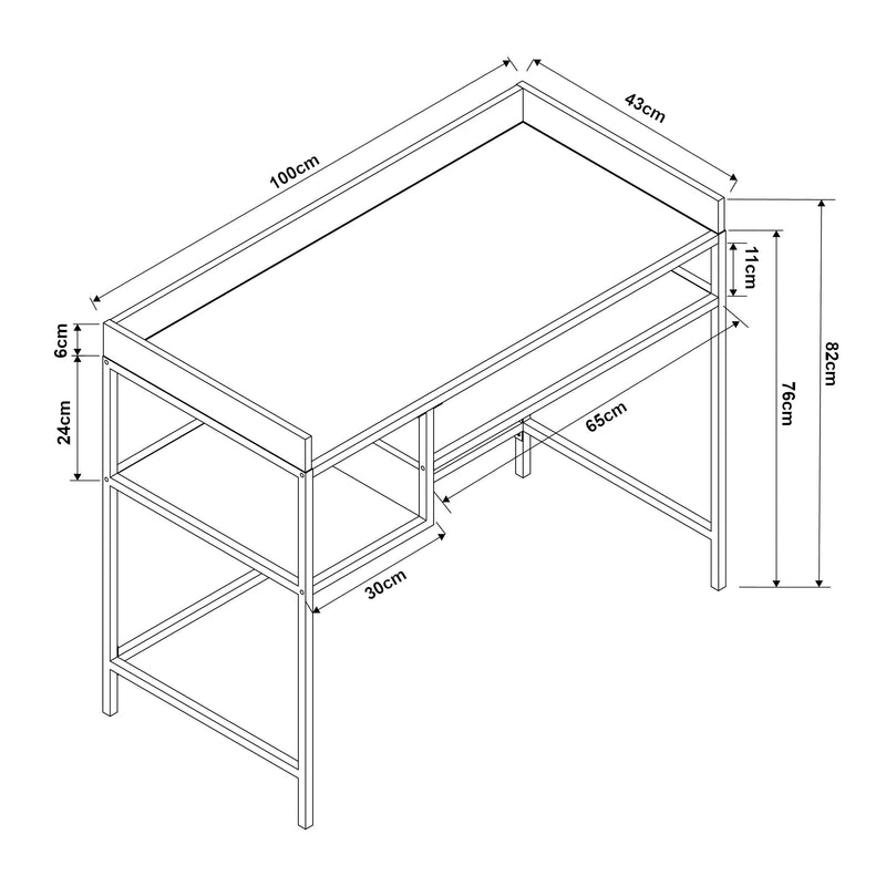 Schiță cotată Birou Belana 100x43x82 cm negru/efect lemn stejar [en.casa]