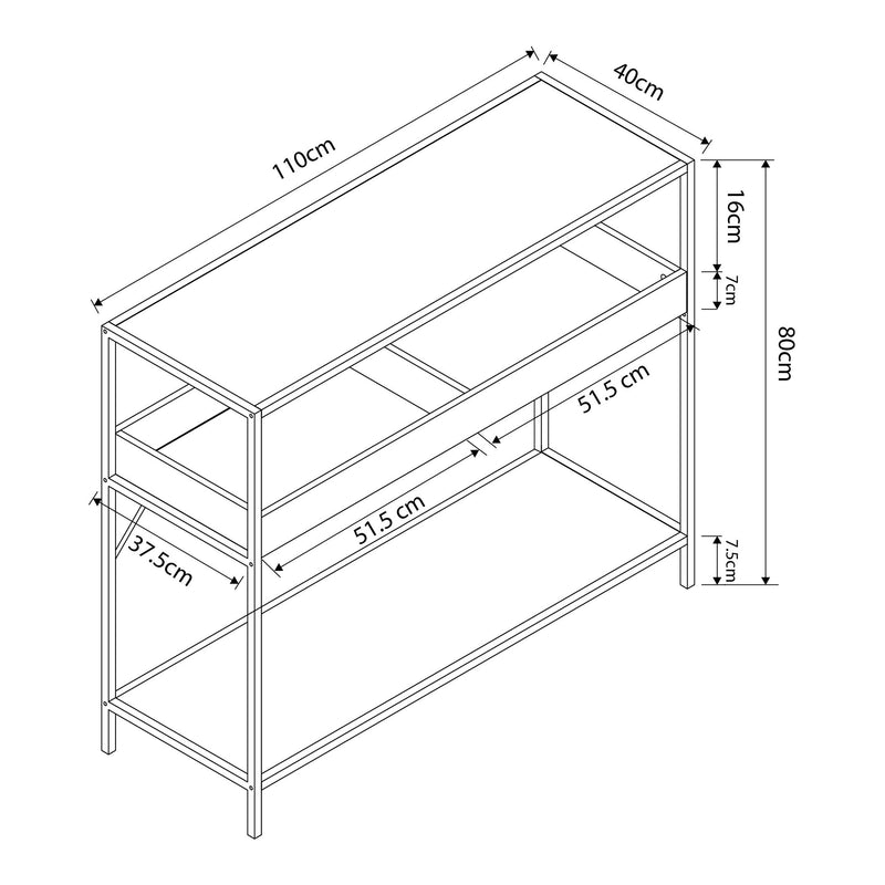 Schiță cotată Masa consola Belana 110x40x80 cm negru/efect stejar [en.casa]
