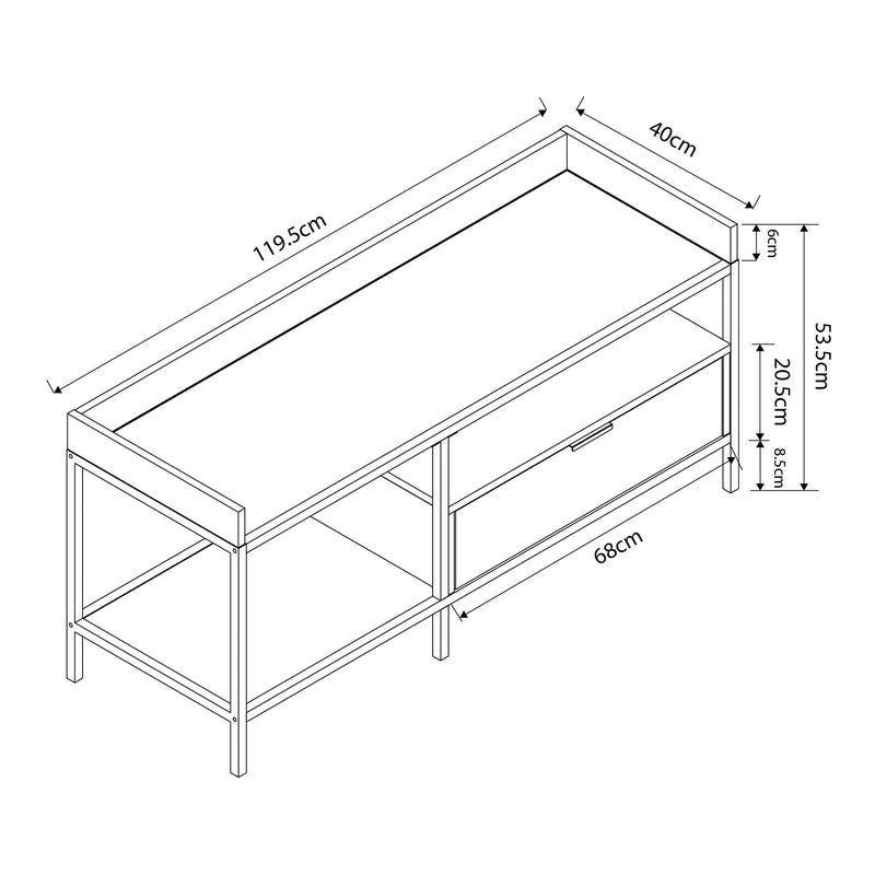 Schiță cotată Comoda TV cu sertar Belana 119x40x53 cm negru/efect stejar [en.casa]