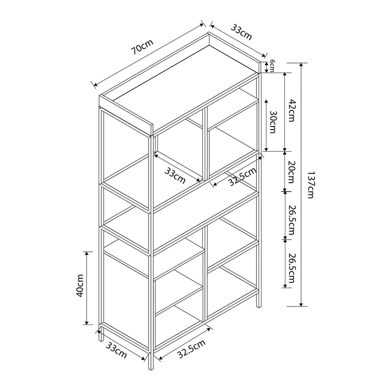 Schiță cotată Raft carti Belana 137x70x33 cm negru/efect stejar [en.casa]