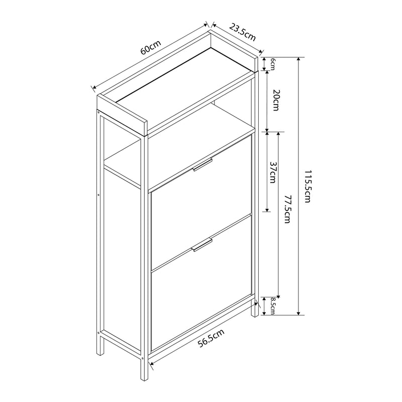 Schiță cotată Dulap pantofi cu 2 usi rabatabile Belana 115x60x23 cm negru/efect stejar [en.casa]