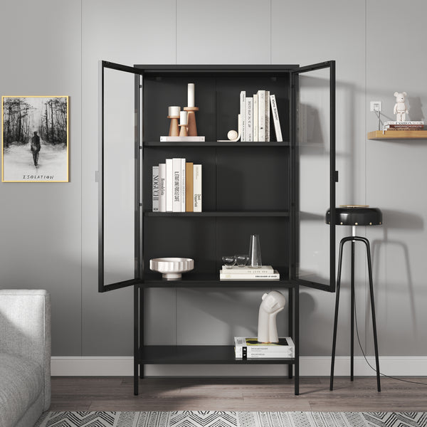 Vitrina Borshavisa 160x80x35 cm otel negru cu 2 usi si 1 raft [en.casa]
