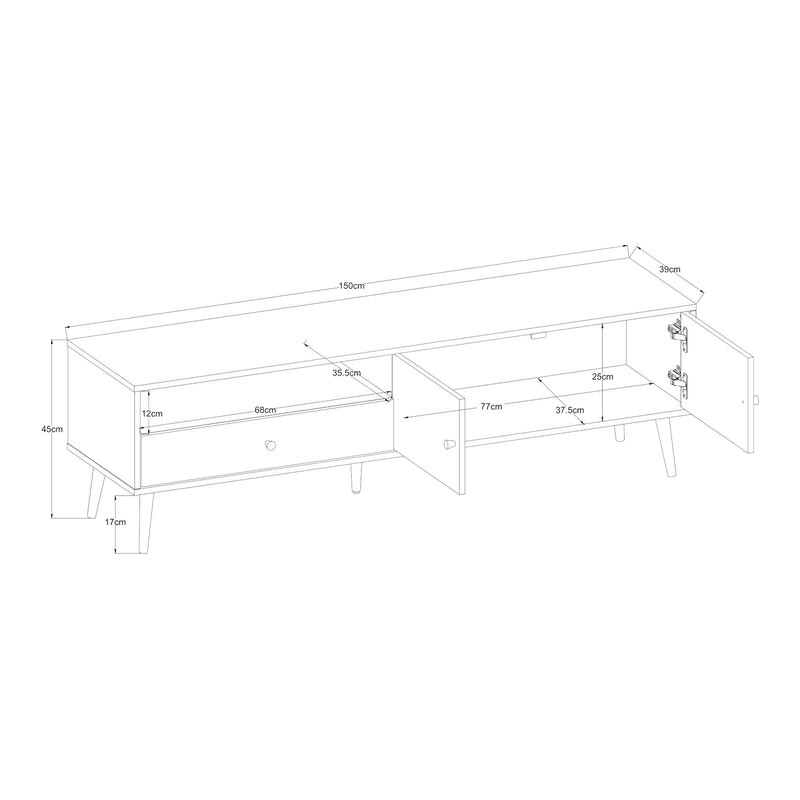 Schiță cotată Comoda TV cu 1 sertar si 2 usi Hallevil 150x39x45 cm gri deschis [en.casa]