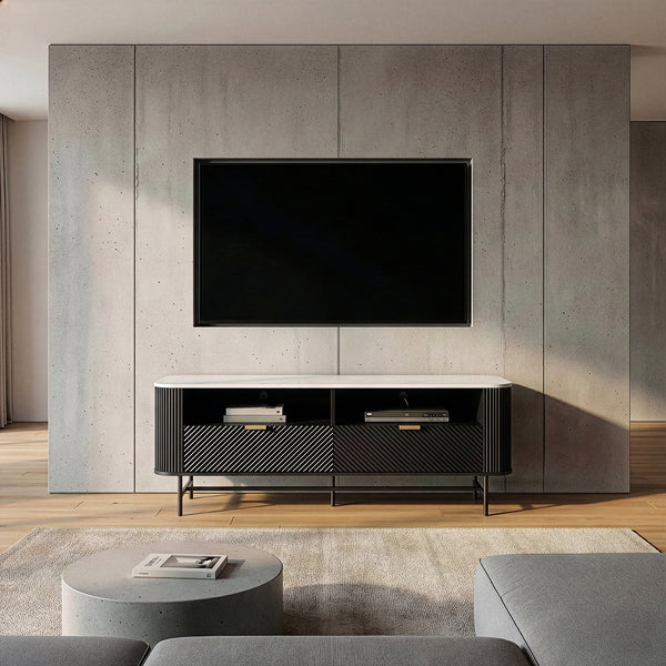 Comoda TV cu sertare si rafturi Olvehok 140x40x55 cm alb marmorat/negru [en.casa]