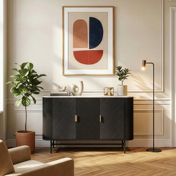 Servanta cu 3 usi Olvehok 110x40x77 cm alb marmorat/negru [en.casa]