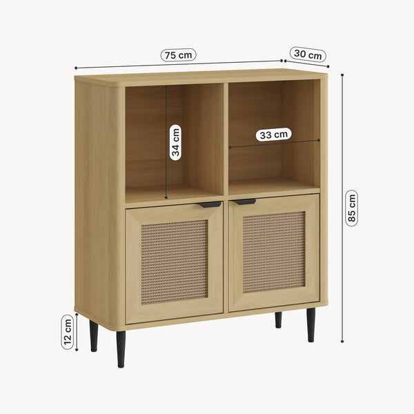 Comoda cu 2 usi si 2 rafturi Lukhomso 85x75x30 cm efect stejar/efect ratan/negru [en.casa]