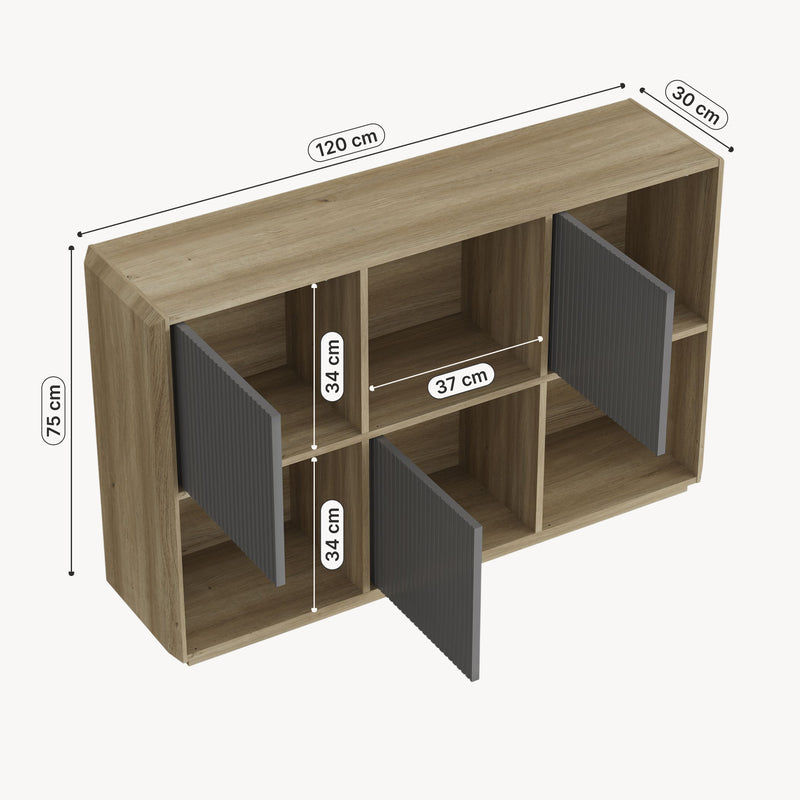 Schiță cotată Comoda cu 3 usi si 3 rafturi Trömi 75x120x30 cm efect stejar/gri [en.casa]