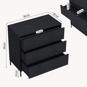 Comoda cu 3 sertare Nykapin 80x80x40 MDF negru structurat [en.casa]