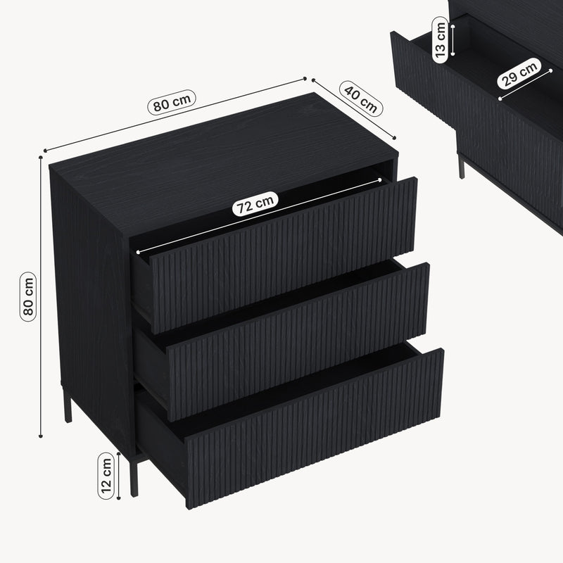 Schiță cotată Comoda cu 3 sertare Nykapin 80x80x40 MDF negru structurat [en.casa]