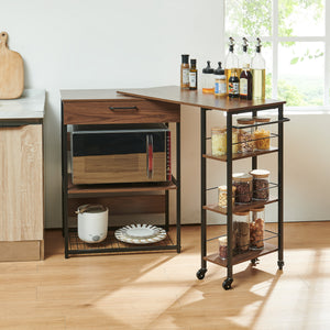 Sistem raft extensibil pe roti cu blat de lucru rotativ Kirhuskyna 130x40x85 cm negru/efect lemn nuc [en.casa]