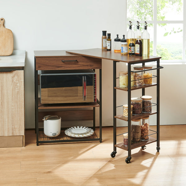 Sistem raft extensibil pe roti cu blat de lucru rotativ Kirhuskyna 130x40x85 cm negru/efect lemn nuc [en.casa]