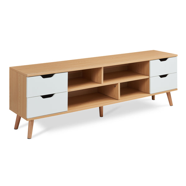 Comoda TV Bordkak 140x30x45 efect stejar/alb cu 4 sertare si 4 rafturi [en.casa]