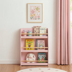 Raft roz pentru carti copii cu 3 spatii depozitare Virer 78x60x18 cm [en.casa]