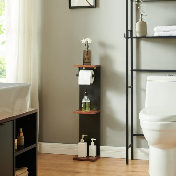 Suport de sine statator pentru hartie WC cu 3 rafturi Trond 77x18x18 cm negru/efect lemn nuc [en.casa]