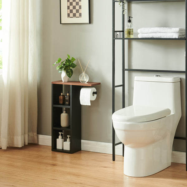 Suport de sine statator pt hartie WC cu 3 compartimente deschise Trond 60x40x16 cm negru/efect lemn nuc [en.casa]