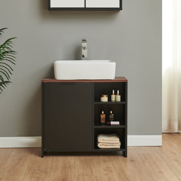 Dulap sub chiuveta cu 1 usa si 3 rafturi Trond 60x66x30 cm negru/efect lemn nuc  [en.casa]