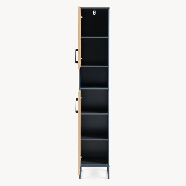 Dulap inalt baie cu front din bambus 2 usi si raft intermediar Svanes 170x30x30 cm gri inchis/natur [en.casa]