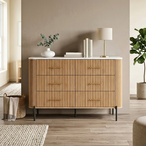 Comodă Kokunse cu 6 sertare 120x42x78 cm aspect stejar [en.casa]
