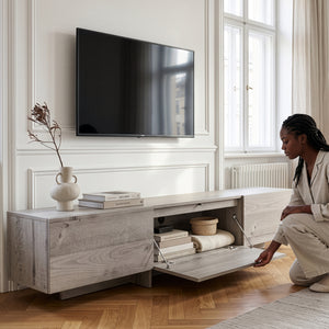 Dulap TV Kapipimso cu 3 clapete 194x31x37 cm, aspect stejar, gri [en.casa]