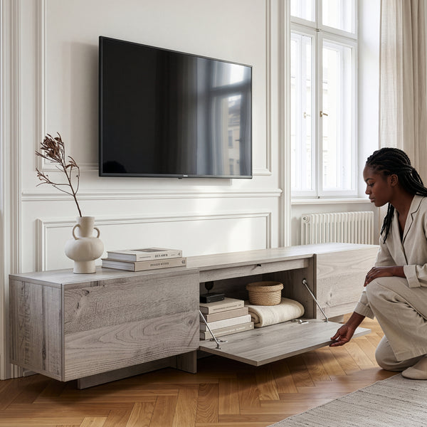 Dulap TV Kapipimso cu 3 clapete 194x31x37 cm, aspect stejar, gri [en.casa]