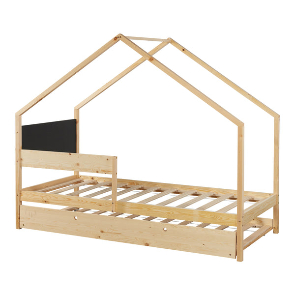 Pat casuta copii cu pat extensibil 200x90cm 100kg natur negru [en.casa]