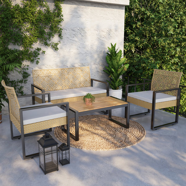 Set mobilier gradina 4 piese Calciano 1 masa 1 banca 2 scaune efect ratan bej [casa.pro]