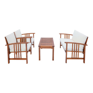 Set masa cu 1 banca si 2 scaune gradina Brissogne lemn efect lemn bej [en.casa]