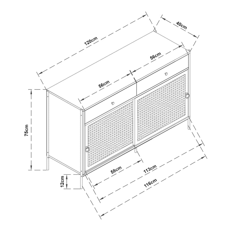 Schiță cotată Comoda TV cu 2 usi glisante Tysnes 120x40x75cm PAL metal efect stejar/negru [en.casa]