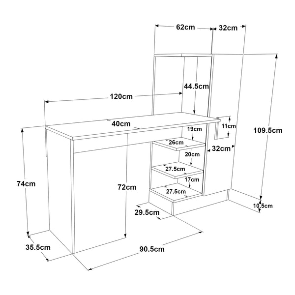 Birou cu dulap si rafturi Varhalo 120x152,5x40cm efect stejar antracit [en.casa]