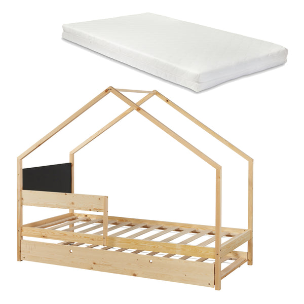 Pat casuta copii cu pat extensibil si 2 saltele Sodankylä 200x90cm natur negru [en.casa]