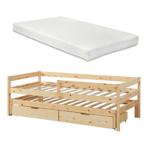 Pat copii cu 2 sertare, pat suplimentar si saltea pentru patul pricipal 200x90cm natur [en.casa]