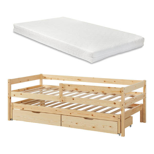 Pat copii cu 2 sertare, pat suplimentar si saltea pentru patul pricipal 200x90cm natur [en.casa]