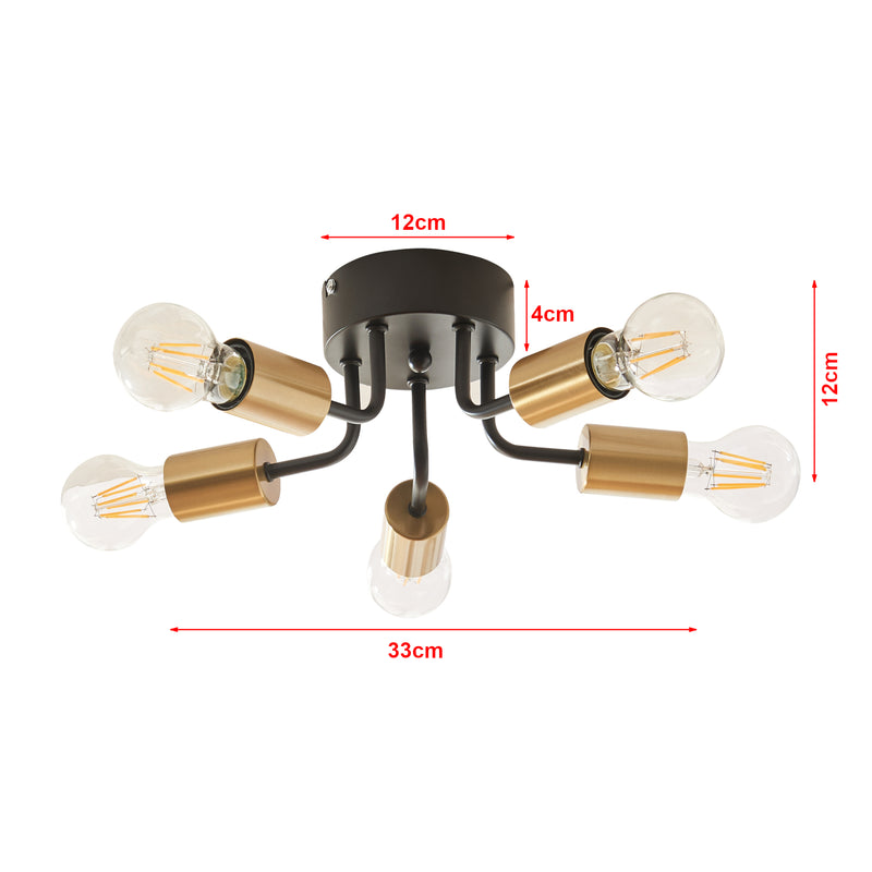 Schiță cotată Plafoniera Barrow 12 x 33 cm 5 x E27 60W metal negru auriu [lux.pro]