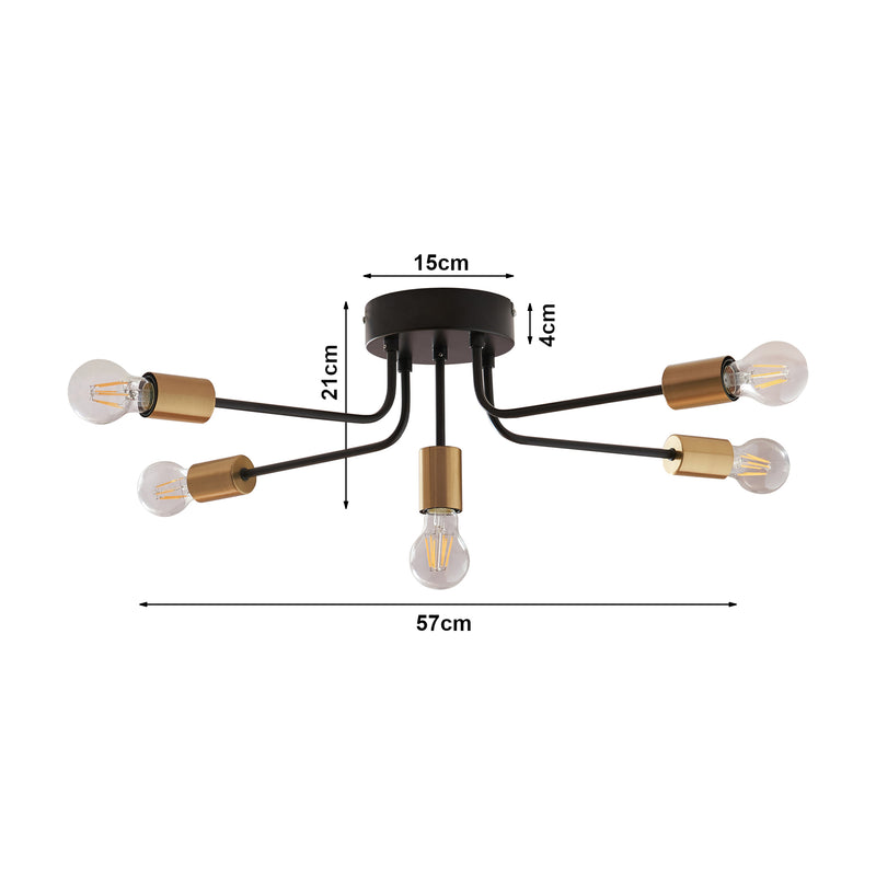 Schiță cotată Lampa de plafon  Benfleet, 21 cm 5 x E27 max 60W negru/culoarea alamei [lux.pro]