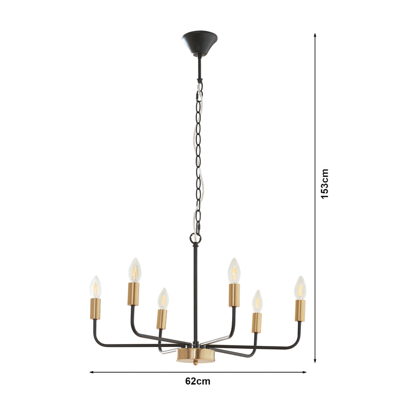 Schiță cotată Lustra Bishop 153x62x62 cm 6 x E14 max 40W negru/culoarea alamei [lux.pro]
