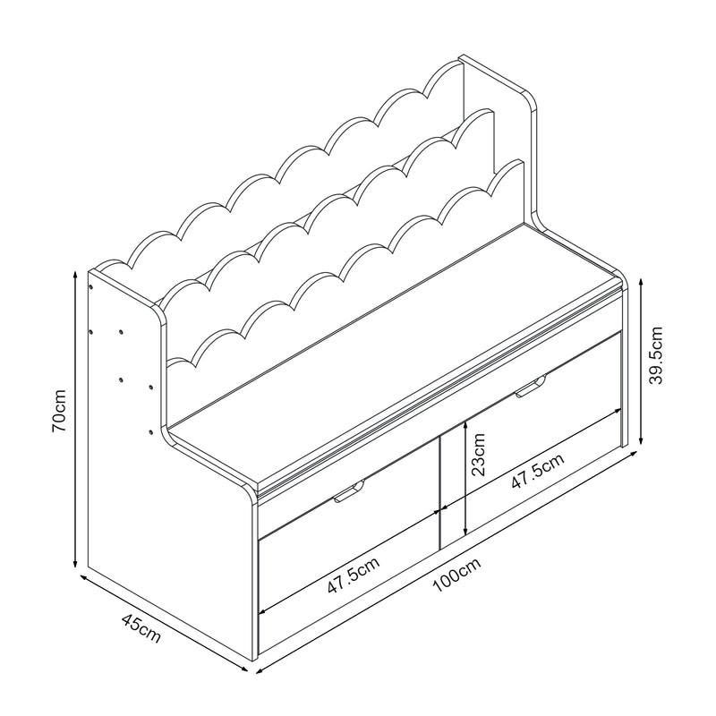 Schiță cotată Raft pentru copii cu bancheta Vestnes 70x100x45 cm roz/alb [en.casa]