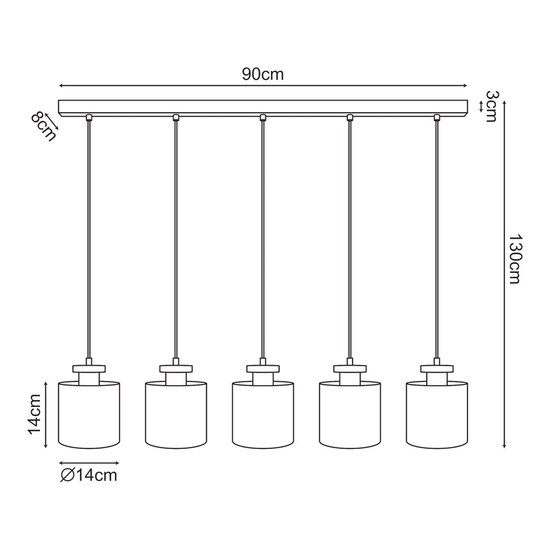 Schiță cotată Lampa suspendata Posdand 130 cm 5xE27 max 40W natur/negru [lux.pro]