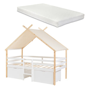 Pat casuta copii Surnadal 200x90 cm lemn alb/natur cu saltea [en.casa]