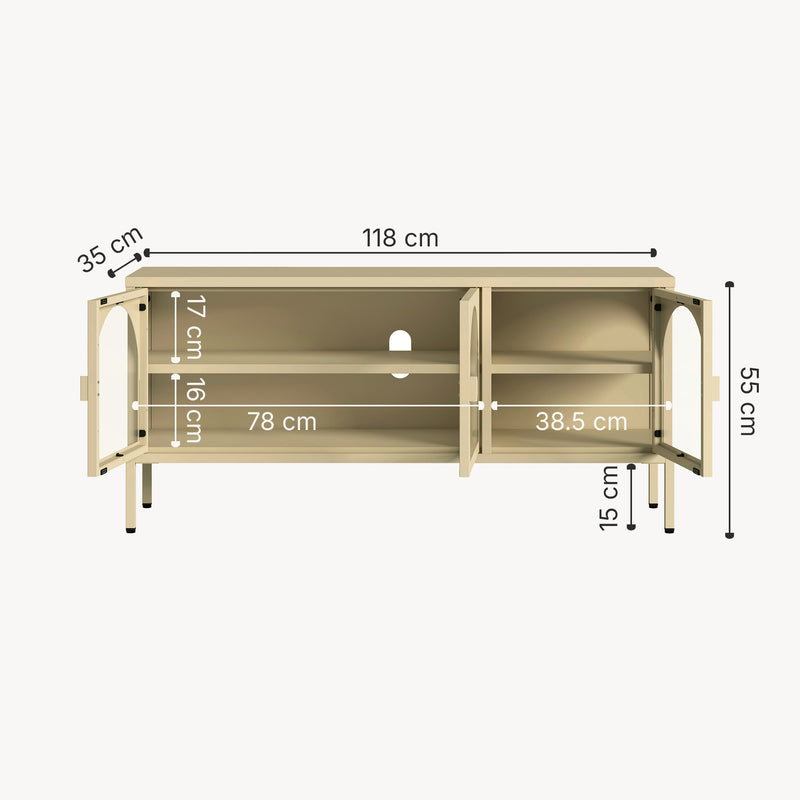 Schiță cotată Vitrina cu 3 usi sticla Klippestad 118x35x55 cm camel [en.casa]