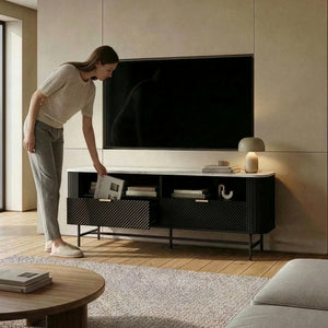 Comoda TV cu sertare si rafturi Olvehok 140x40x55 cm alb marmorat/negru [en.casa]