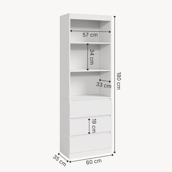 Raft carti Les 180x60x35 cm alb cu 3 sertare [en.casa]