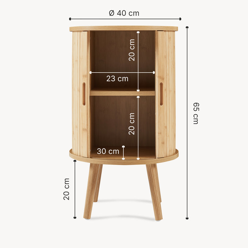 Schiță cotată Noptiera cilindru cu 2 usi glisante Nordkapp 65x40 cm bambus natur [en.casa]