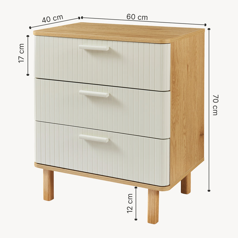 Schiță cotată Comoda cu 3 sertare Ferrersp 70x60x40 cm efect stejar/oatmeal/natur [en.casa]