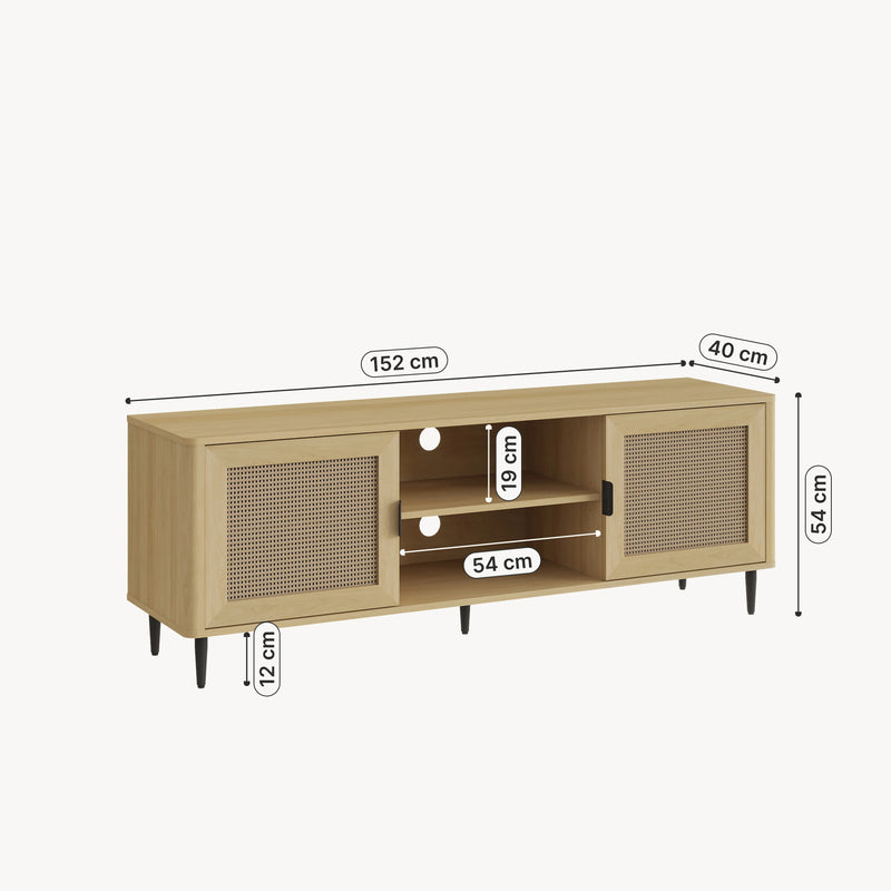 Schiță cotată Comoda TV  Lukhomso 152x40x54 cm efect stejar/efect ratan [en.casa]