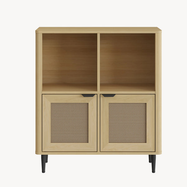 Comoda cu 2 usi si 2 rafturi Lukhomso 85x75x30 cm efect stejar/efect ratan/negru [en.casa]