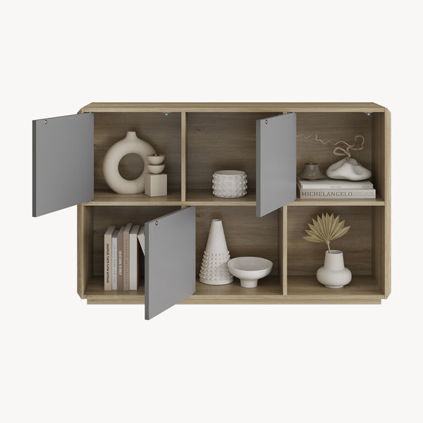 Comoda cu 3 usi si 3 rafturi Trömi 75x120x30 cm efect stejar/gri [en.casa]