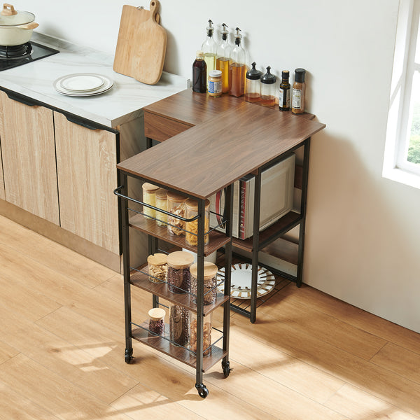 Sistem raft extensibil pe roti cu blat de lucru rotativ Kirhuskyna 130x40x85 cm negru/efect lemn nuc [en.casa]