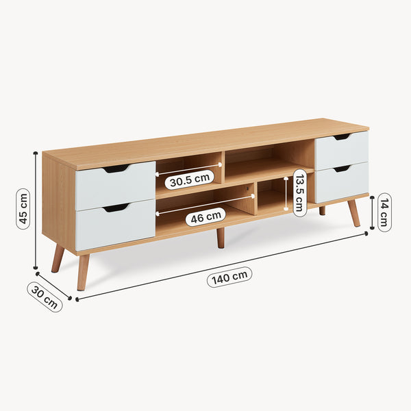 Comoda TV Bordkak 140x30x45 efect stejar/alb cu 4 sertare si 4 rafturi [en.casa]