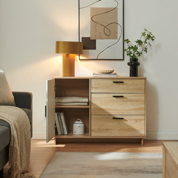 Comoda cu 3 sertare si 1 usa Kenta 100x35x72 cm stejar decor Sonoma/alb [en.casa]